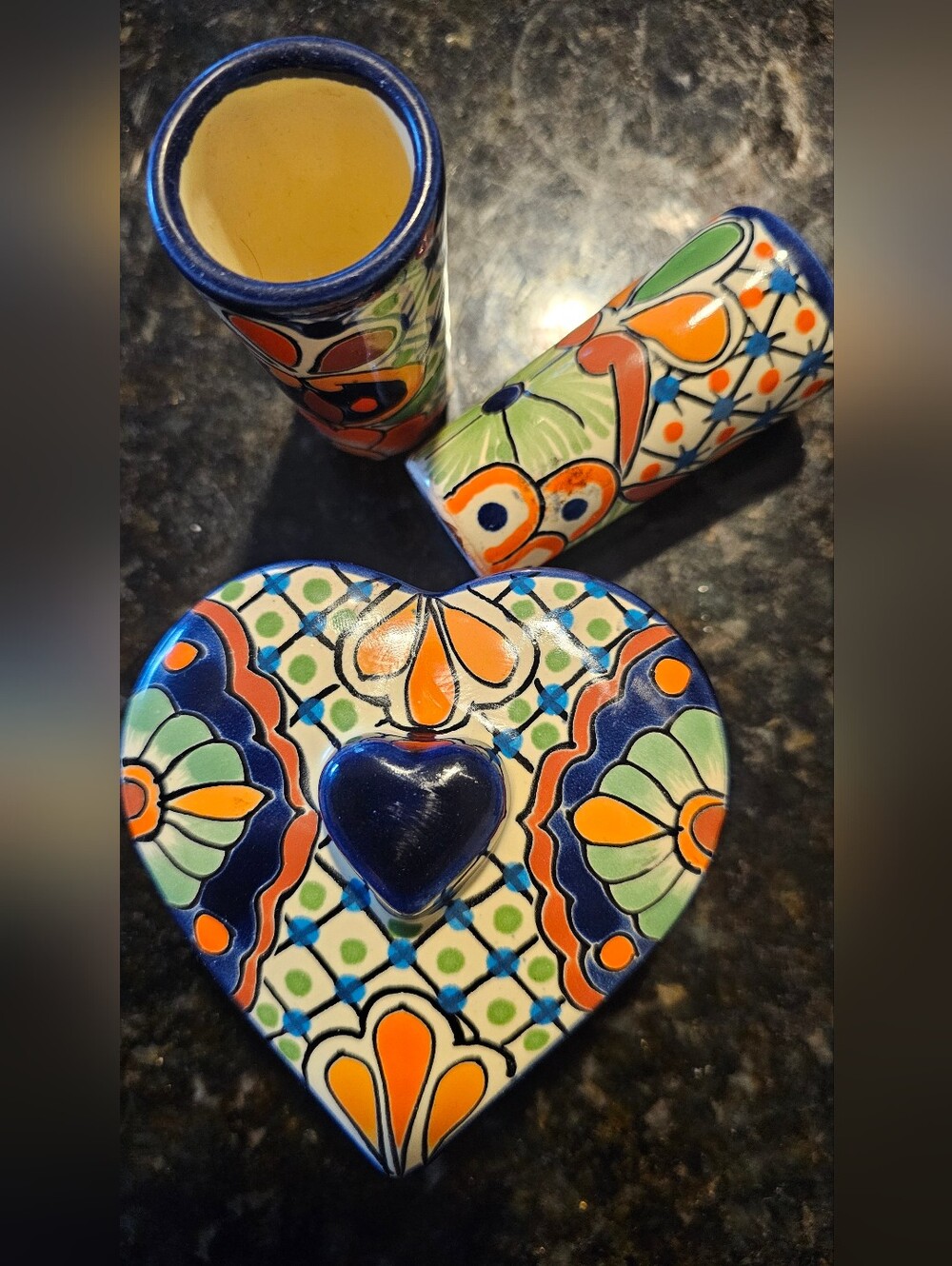 Hand-Painted Heart Decorative Box and Vases - Blue, Orange & Green
